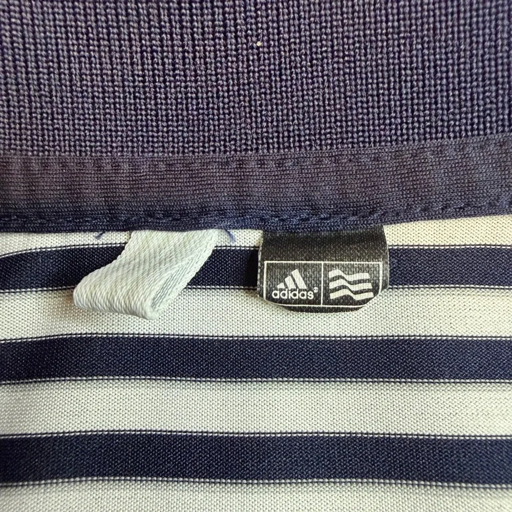 Adidas Mens Navy Blue White Striped Performance Golf Polo Shirt Short Sleeve